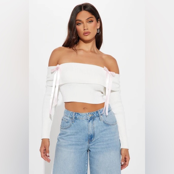 Fashion Nova Tops - Fashion Nova “Just A Girl” Ivory Off Shoulder Bow Sweater